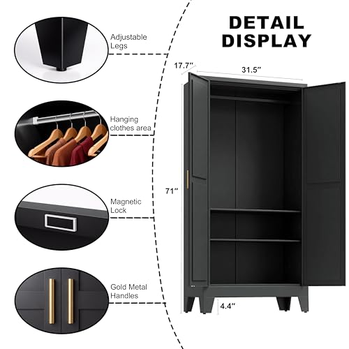 71" H Black Pantry Cabinet,Metal Storage Cabinets with Doors and Shelves,Tall Food Kitchen Cabinets,Farmhouse Kitchen Cabinet,Freestanding Cabinet - color: Black, size: 71"H-2 shelves