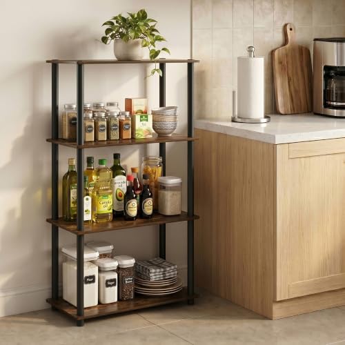 Furinno Turn-N-Tube Storage Shelves, 4-Tier Toolless Book Shelf, Corner Shelf, Toolless Open Shelves, for Organization and Storage, Living Room, Garage, Home Office, Amber Pine - color: Amber Pine/Black, size: 4-Tier Round Tube