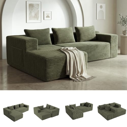 Modular Boneless L-Shaped Couches for Living Room with Side Pockets | Modern Sectional Boneless Corduroy Fluffy Couch Sofa with Deep Seat and Non-Slip Base, No Assembly, Green - color: Green, size: L-Shaped
