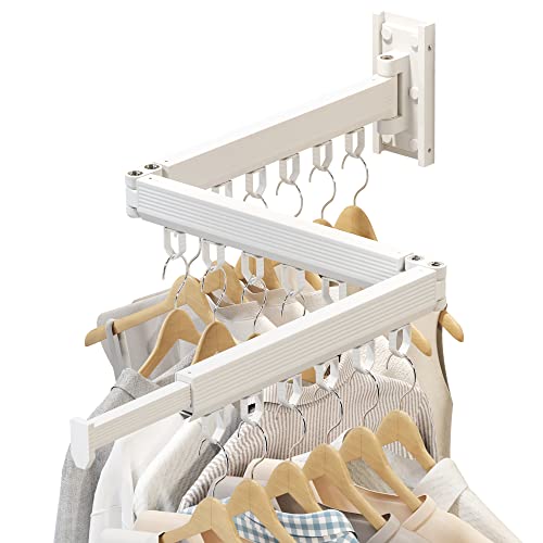Wall Mounted Foldable Clothes Drying Rack, Heavy Duty 3-Fold Laundry Airer with Ring Hook Design, Space Saving Aluminum Rack for Balcony Bathroom Laundry Room,White Rings - style: White-Rings