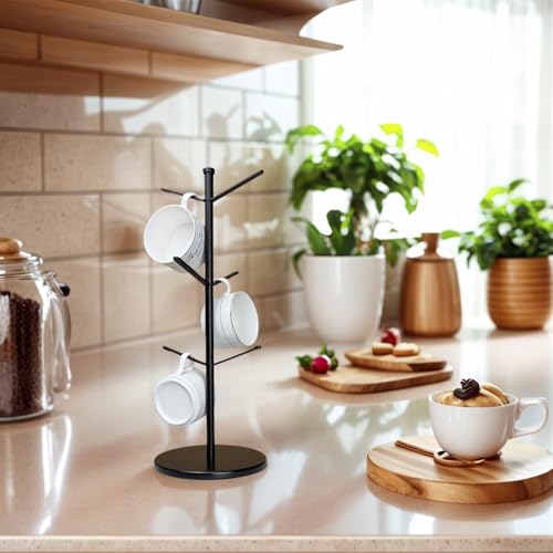 Premium Mug Tree, 6 Hooks Upgraded Stable Metal Mug Holder, Bamboo Base Coffee Mug Cup Rack for Counter Top, Mug Display, Home Storage and Cup Organizer, Black - size: 6 Hooks