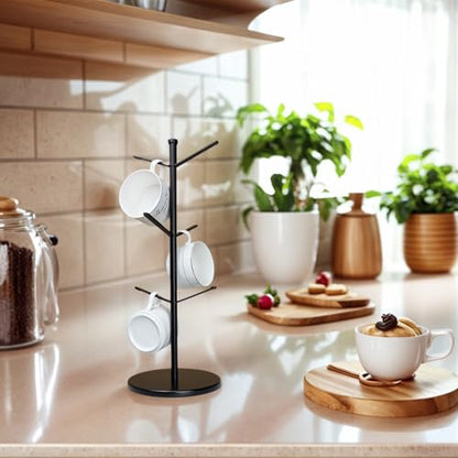 Premium Mug Tree, 6 Hooks Upgraded Stable Metal Mug Holder, Bamboo Base Coffee Mug Cup Rack for Counter Top, Mug Display, Home Storage and Cup Organizer, Black - size: 6 Hooks