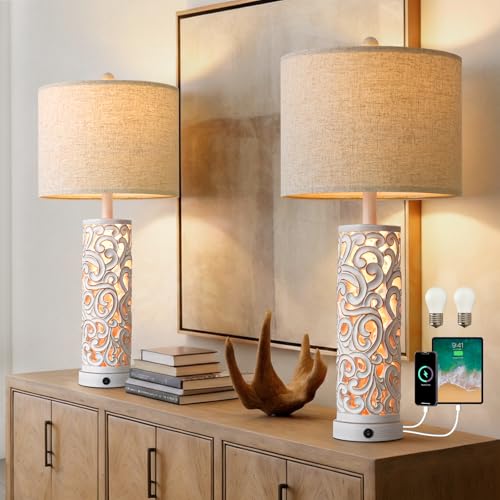 2-in-1 Light Table Lamp Set of 2 for Living Room, 28.5" Farmhouse Bedside Lamps with USB Charging Port, Main&Night Light & Dual Switches, Nightstand Lamp for Bedroom Home Office(Bulb Included) - color: Matte White