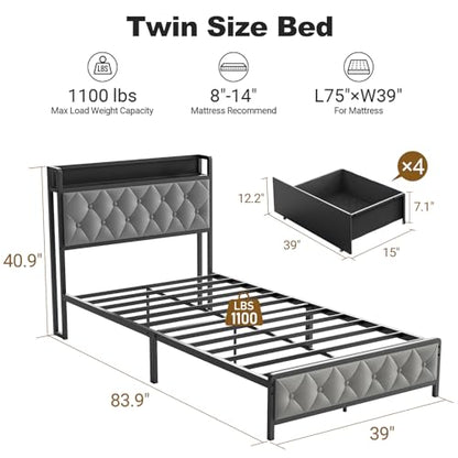 Twin Bed Frame with Button Headboard, PU Leather, All-Metal Support Platform LED Twin Bed with Storage and Charge Station, Easy to Install, Stable, Noise-Free (Grey) - color: Grey