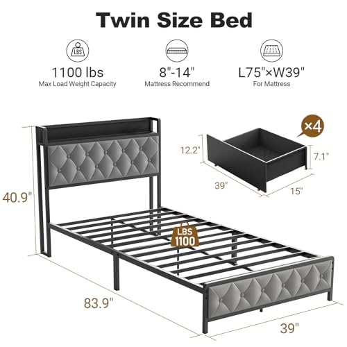 Twin Bed Frame with Button Headboard, PU Leather, All-Metal Support Platform LED Twin Bed with Storage and Charge Station, Easy to Install, Stable, Noise-Free (Grey) - color: Grey