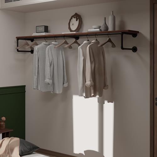 Clothes Rack 70in, Wall Mounted Garment Racks with Real Brown Wood Shelf, Heavy Duty Hanging Clothes Rack, Multi-Purpose Hanging Rod, Space-Saving Closet Storage - color: Brown, size: 1T70IN