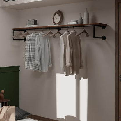 Clothes Rack 70in, Wall Mounted Garment Racks with Real Brown Wood Shelf, Heavy Duty Hanging Clothes Rack, Multi-Purpose Hanging Rod, Space-Saving Closet Storage - color: Brown, size: 1T70IN