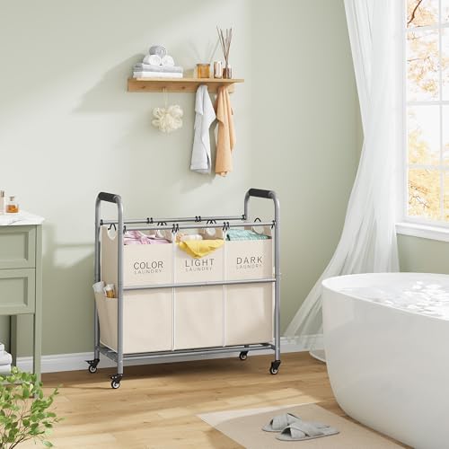 3 Bag Laundry Sorter Cart with Removable Bags, Beige | 147L Large Capacity, Heavy Duty Lockable Rolling Wheels, Laundry Hamper Sorter Basket, Clothes Storage - color: Beige, size: 3 Bag