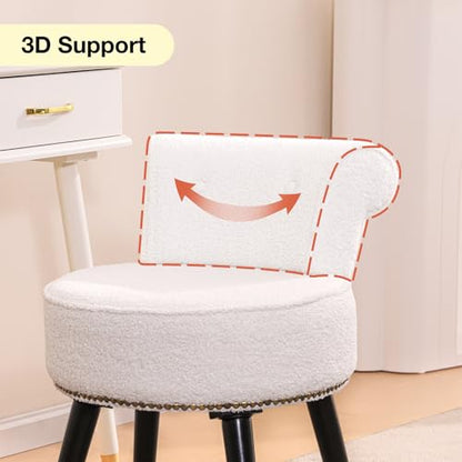 Vanity Chair with Back, Sherpa Stool with Tufted Low Backrest & Gold Nailhead Trim, Round Vanity Seat for Bedroom and Bathroom Makeup, Support 220lbs, Easy Assembly (Teddy White) - color: Sherpa White