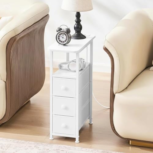Narrow End Table with Charging Station, Narrow Side Table with Drawer, Small Nightstand with LED Light, Skinny Nightstand, Small Bedside Table for Living Room, Bedroom, Couch, White - color: White, size: 7.9" W x 18.9" D, style: Power + Light
