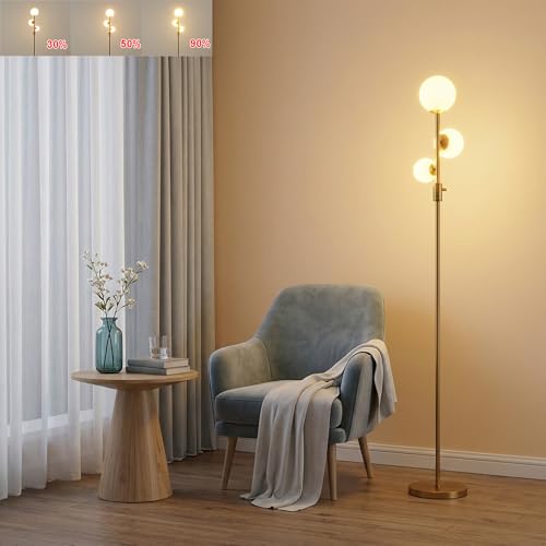 Fiqevs Dimmable 3 Globe Floor Lamp - Mid Century Modern Gold Standing Lamp with Frosted Glass Shade & LED Bulbs for Living Room, Bedroom, Office - color: 3 Globe- DM Gold