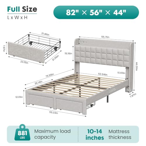 DUMOS Full Bed Frame, Upholstered Platform Bed Frame with Storage Drawers | Full Size Bed Frame With Storage Drawers, with Headboard, Wood Bed Slats Support 882 lbs, No Box Spring Needed, Light Grey - color: Light Gray, size: Full (U.S. Standard)
