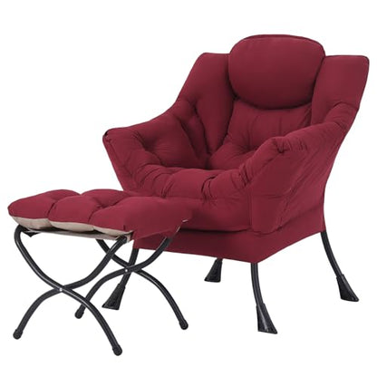 Lazy Chair with Ottoman, Comfy Reading Accent Chair, Burgundy | Foldable Footrest, Padded Seat and Backrest, Side Pocket for Lounging in Living Rooms, Bedrooms, Dorms and Small Spaces - color: Burgundy