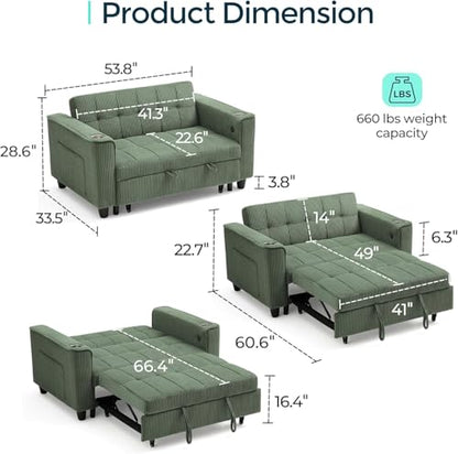 LINSY 54" Pull Out Couch with Charging Station - Sleeper Sofa Bed with Cup Holder, Small 3 in 1 Convertible Loveseat Sleeper Couch for Apartment, Dorm Room, Bedroom and Small Space(Olive Green) - color: Green