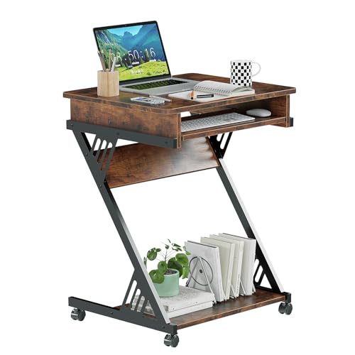 ALISENED Computer Desk for Small Spaces Compact Desk with Keyboard Tray | 23.6" Z-Shaped, with Wheels and Bottom Shelves, for Home Office, Computer Cart Mobile Laptop Cart, Rustic Brown - color: Brown