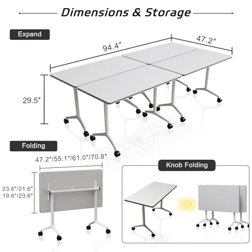 Folding Conference Table with Wheels Set of 6, Modular Conference Room Table for 6-12 Person Meetings, Flip Top Rolling Training & Classroom Tables, Nesting Office Tables - color: White, size: 55.1 in