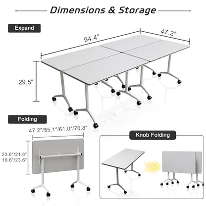 Folding Conference Table with Wheels Set of 6, Modular Conference Room Table for 6-12 Person Meetings, Flip Top Rolling Training & Classroom Tables, Nesting Office Tables - color: White, size: 55.1 in