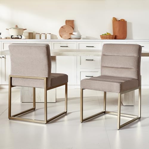 GrandNoor Modern Grey Linen Fabric Dining Chairs Set of 4, Soft Thick Upholstered Kitchen Chairs with Gold Sturdy Metal Legs,Adjustable Foot Pads Dining Room Chairs - color: Grey Linen, size: 4PCS Dining Chairs