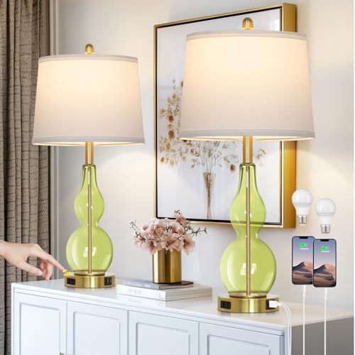 Rinweey 27.5" Green Glass Double Gourd Table Lamp Set of 2,3-Way Dimmable Touch Control Bedside Lamps with USB Ports and AC Outlet, Nautical Nightstand Lamps for Bedroom Living Room - color: Green