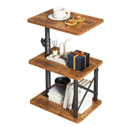 IBUYKE 360° Swivel Height Adjustable C Shaped Side Table,Brown UTVT006H | Tv Tray Table,End Table for Small Spaces Sofa Bed,With Storage Shelf,3-Tier Night Stand,For Living Room,Bedroom - color: Brown