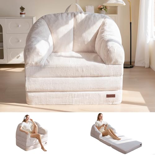 MAXYOYO Folding Sofa Bed with Backrest, Boneless Fold Out Couch with Handle | 2 in 1 Convertible Bean Bag Chair to Floor Sofa Lounger, Comfy Folding Couch for Bedroom & Living Room, Beige, Single - color: Beige, size: Single