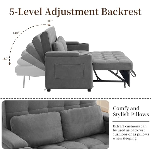 Korser 55.5'' 3-in-1 Convertible Sofa Bed, Pull Out Couch with 5-Position Adjustable Backrest, Loveseat Sleeper Sofa for Small Spaces, Sofa Couch with Cup Holders for Living Room, Office, Chenille - color: Dark Grey