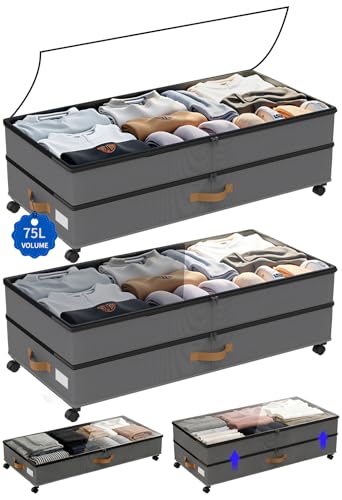 Under Bed Storage with Wheels 2-Pack, 75L XXL Under the Bed Storage Containers Large, 12" Tall Adjustable Storage for Underbed with Lids, Rolling for Clothes, Shoes, Blankets (Grey) - color: Grey