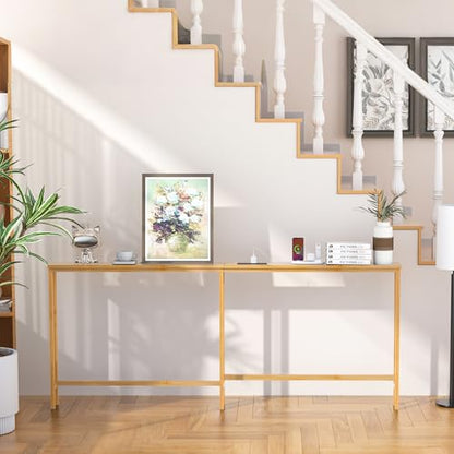 VASMIA 70.9 Inch Narrow Console Table with Outlet,Bamboo Behind Couch Sofa Table,Skinny Hallway Table for Entryway Living Room,Foyer,Natural - color: Natural, size: 5.91"D x 70.87"W x 29.52"H