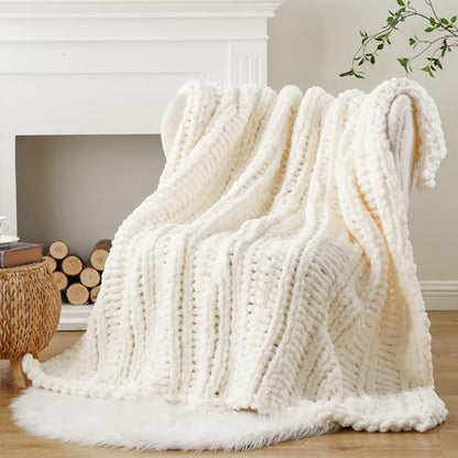 Battilo Chunky Knit Throw Blanket for Couch, 50"x60", White Cream | Hand Knit with Chunky Yarn, Super Soft Chenille Throw Blanket, Cozy Blanket, Farmhouse Throw Blanket for Living Room - color: Cream White