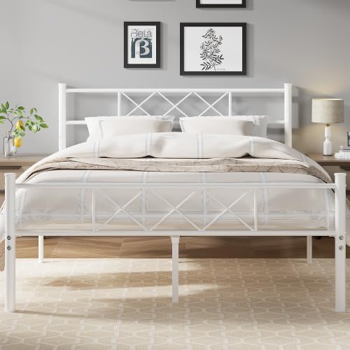 VECELO Queen Size Bed Frame with Headboard, Heavy Duty Bedframe with Strong Metal Slats, No Box Spring Needed & Easy Assembly, Pure White - color: Pure White, size: Queen