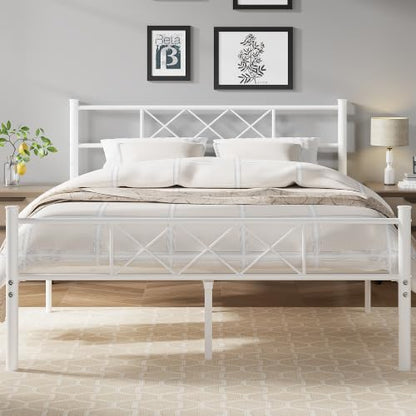 VECELO Queen Size Bed Frame with Headboard, Heavy Duty Bedframe with Strong Metal Slats, No Box Spring Needed & Easy Assembly, Pure White - color: Pure White, size: Queen