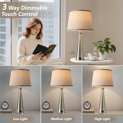 Modern Touch Lamps for Nightstand, 3 Way Dimmable Bedroom Lamp Set of 2 | USB C+A Charging Ports, Silver Bedside Lamps for Bedroom, Living Room, End Table, Bed Side, LED Bulb Included - color: B. Silver Base-Grey Shade