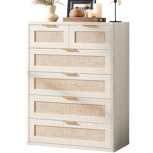 LEYAOYAO Rattan Dresser for Bedroom, 41" Tall Chest of Drawers | Gold Metal Handle, Grey White Modern 6 Drawers Boho Dressers with Storage for Living Room, Hallway - color: Grey White, size: 15.5"D x 31.5"W x 41"H (6 Drawers)