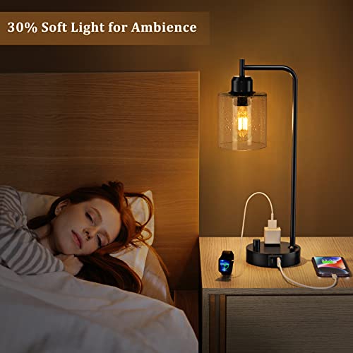 Industrial Desk Lamp, Fully Dimmable Small Bedside Table Lamp, Black, USB C | Glass Shade, USB C+A Charging Port & Outlet, Lamps for Bedroom, Night Stand, Home Office, Living Room - color: Clear Seeded