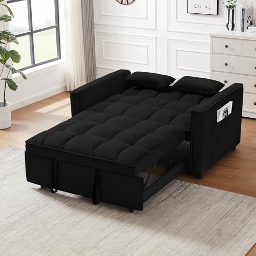 55" Pull Out Sleeper Sofa, Velvet Loveseat with Side Pockets, Black | Velvet upholstery, 5-level adjustable back, Pull-out bed design, Sturdy frame with side pockets - color: Black