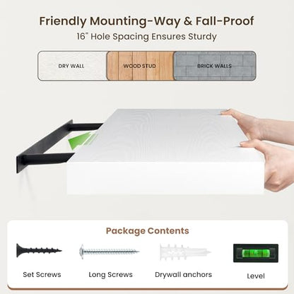 48 Inch Floating Shelves, 12'' Deep White Shelves for Wall Set of 2 | Invisible Brackets, Engineered Wood, Mounting Hardware Included, 50LBS, Bathroom, Laundry Room, Kitchen, Living Room - color: White, size: 48W x 11.6D x 2H, 2 Pack