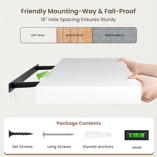 72 Inch Floating Shelves, 12'' Deep White Shelves for Wall Set of 2 | Invisible Brackets, Engineered Wood, Mounting Hardware Included, 60LBS, Bathroom, Laundry Room, Kitchen, Living Room - color: White, size: 72W x 11.6D x 2H, 2 Pack