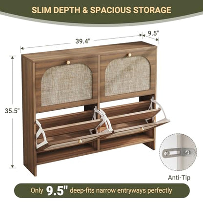 Freestanding Ultra Slim Fluted Accent Shoe Storage Cabinet for Entryway - 4 Flip Drawers & 3-Tier Adjustable Shelves, Farmhouse Modern Rustic Shoe Rack for Hallway, Foyer, Living Room - color: Smoked Oak