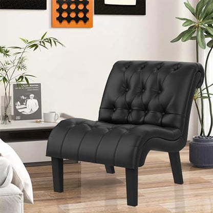 Black Faux Leather Accent Chair Modern Button Tufted Upholstered Armless Chair for Bedroom Living Room with Wood Legs - color: Black Pu, size: 1 Chair