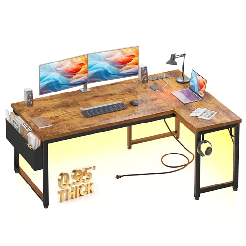 DurayLoly 0.95" Thicker L Shaped Computer Desk for Home Office,Brown | 55" Reversible Corner Desk,Thick Desktop & Metal Frame Supports for Dual Monitors,Power Outlets & LED Lights,Bedroom - color: Brown, size: 55 Inch