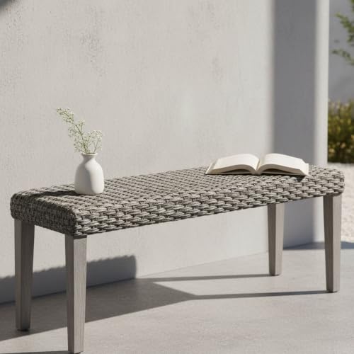 Outdoor Rattan Backless Bench with PE Wicker & Acacia Wood Frame, Grey | All-Weather Wicker Woven Seat for Patio, Porch, Living Room or Entryway - color: Plait - Grey Leg & Pe