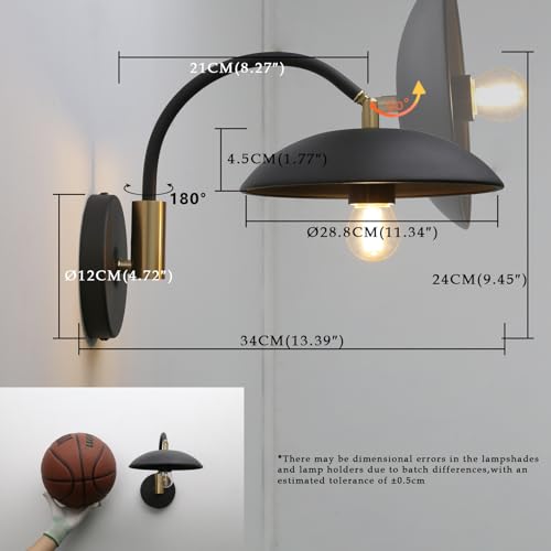 Phansthy Modern Brass Wall Sconce Hardwired 2 Pack, Adjustable Lighting Direction Wall Light, Swing Arm Wall Lamp with 8.5" Metal Half Sphere Shade for Bedside Reading, Farmhouse (Black Gold) - color: Black Gold