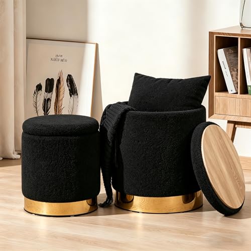 Round Ottoman with Storage Set of 2, Black Sherpa Vanity Stool | Upholstered,Small Ottoman Coffee Table,Removable Lid,Foot Stool for Living Room,Bedroom,Assembly Free, Gold and Black - color: Sherpa Black