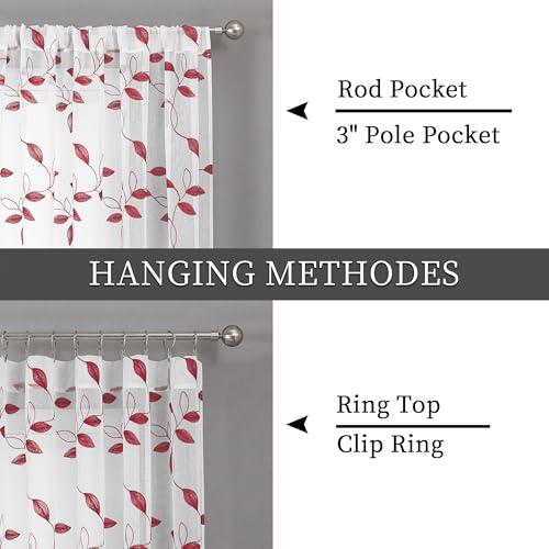 Tollpiz Burgundy Red Leaf Sheer Tier Curtain Kitchen 30 x 36 Inches | Leaves Embroidered Curtains Rod Pocket Voile Bathroom Window Treatment for Cafe, Set of 2 Panels - color: Burgundy Red, size: 30"W x 36"L (Pack of 2)