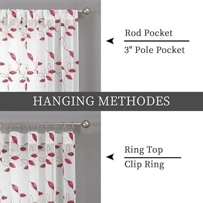 Tollpiz Burgundy Red Leaf Sheer Tier Curtain Kitchen 30 x 36 Inches | Leaves Embroidered Curtains Rod Pocket Voile Bathroom Window Treatment for Cafe, Set of 2 Panels - color: Burgundy Red, size: 30"W x 36"L (Pack of 2)
