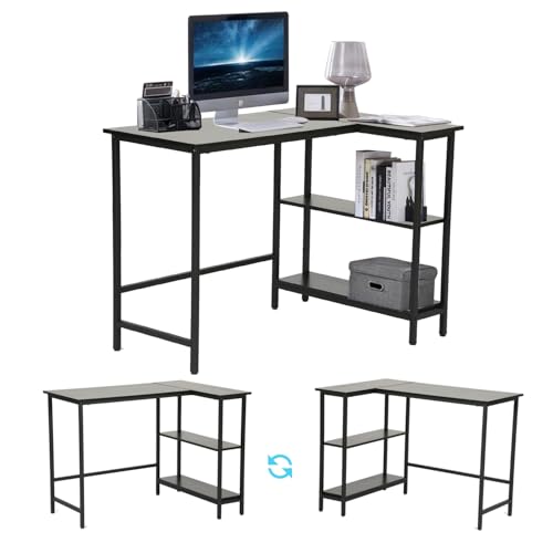 43 Inch L-Shaped Computer Desk, L Shaped Desk with Reversible Storage Shelves, Small Office Desk with Durable Metal Frame, Computer Desk L Shaped, Small L Shaped Desk for Bedroom Living Room, Black - size: 43 Inch