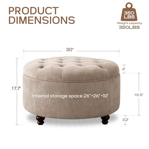 HUIMO 30-Inch Round Storage Ottoman, Button Tufted Coffee Table(Brown) | Ottoman Coffee Table with Removable Top, Upholstered Ottoman with Storage, Footrest Stool for Living Room, Bedroom and Office - color: Brown