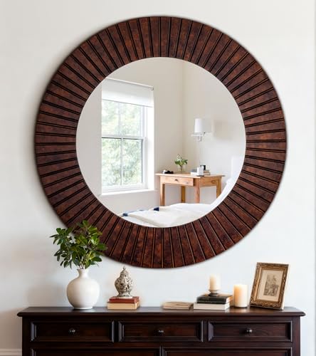 42'' Large Circle Mirror with Wood Frame, Decorative Mirror for Living Room, Farmhouse Bathroom Mirrors with Bronze Groove Finish for Entryway, Bedroom - color: Bronze, size: 42"L x 42"W