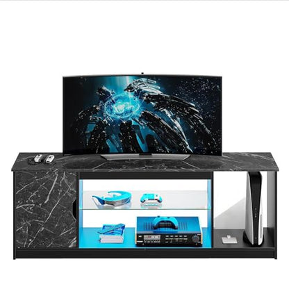 Bestier 57" LED Gaming TV Stand, RGB Light, Black Marble | Fits 55-65" TVs, PS5/Xbox Storage, Adjustable Glass Shelves, Modern Black Marble Finish For Living Room - color: Black Marble