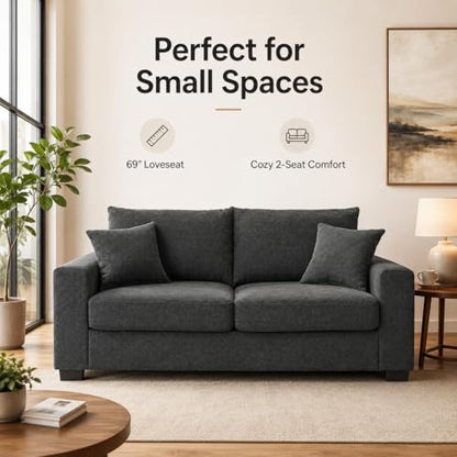 69'' Dark Grey Modern Loveseat Sofa | Upholstered 2-Seater Sofa for Living Room, Mid-Century Modern Love Seats with 2 Pillows, Deep Seat for Office Apartment - color: Dark Grey